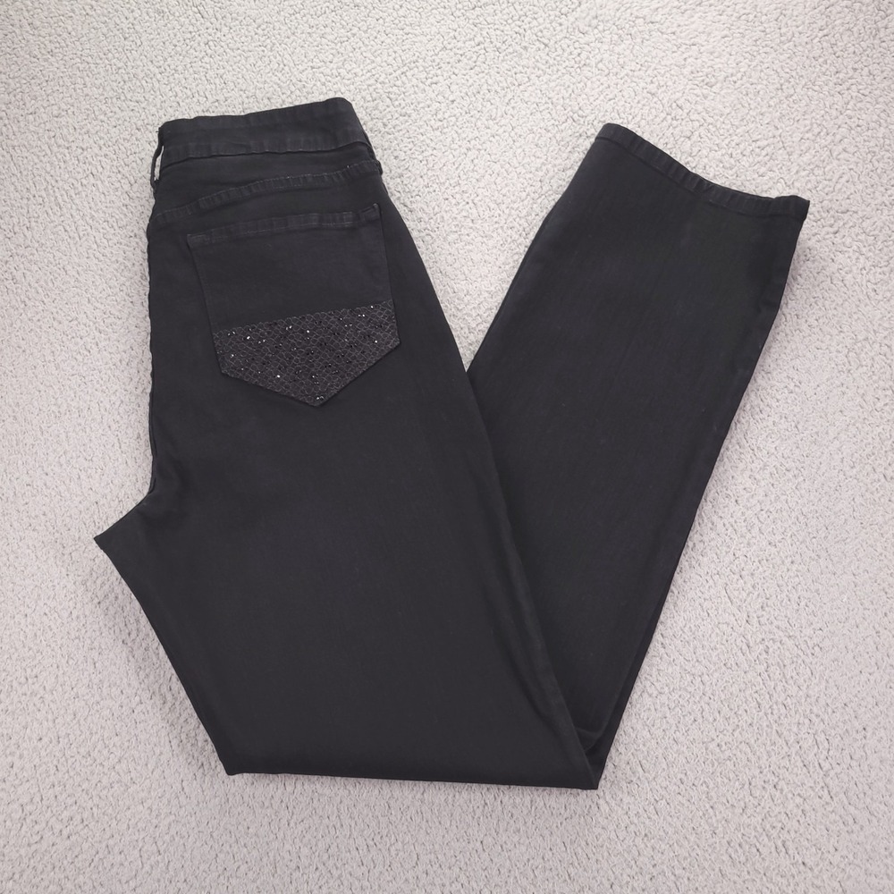 NYDJ Jeans Womens Size 14 Straight Leg High Rise Black Stretch Denim Embellished